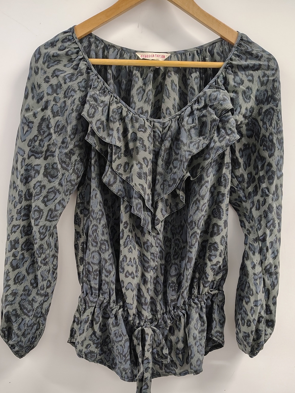 Rebecca Taylor Silk Ruffled Leopard Blue-Grey Tie-waist LS Blouse Top Sz 4